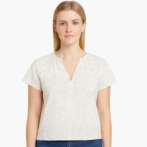 Melrose and Market Split Neck Top - Size Small, Blue Scrambled Floral and White